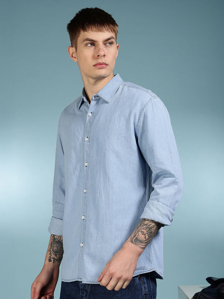 Eszett Graphic Printed Spread Collar Denim Long Sleeves Shirt