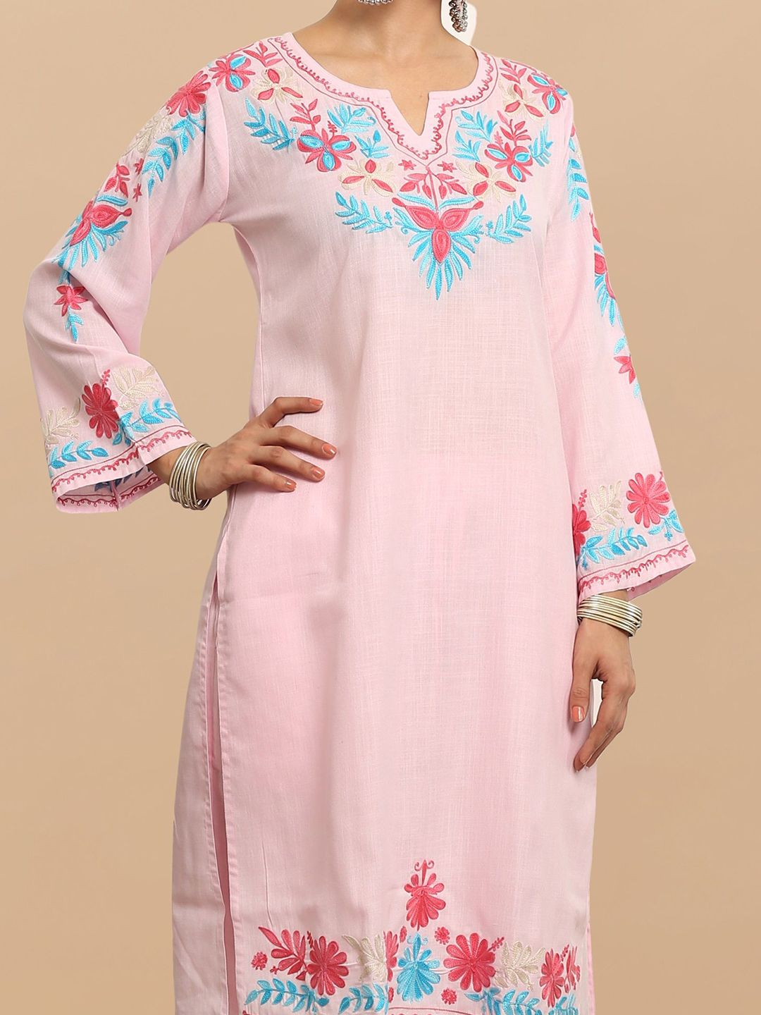 HOUSE OF KARI Floral Embroidered Thread Work Falak Kashmiri Straight Kurta With Trousers