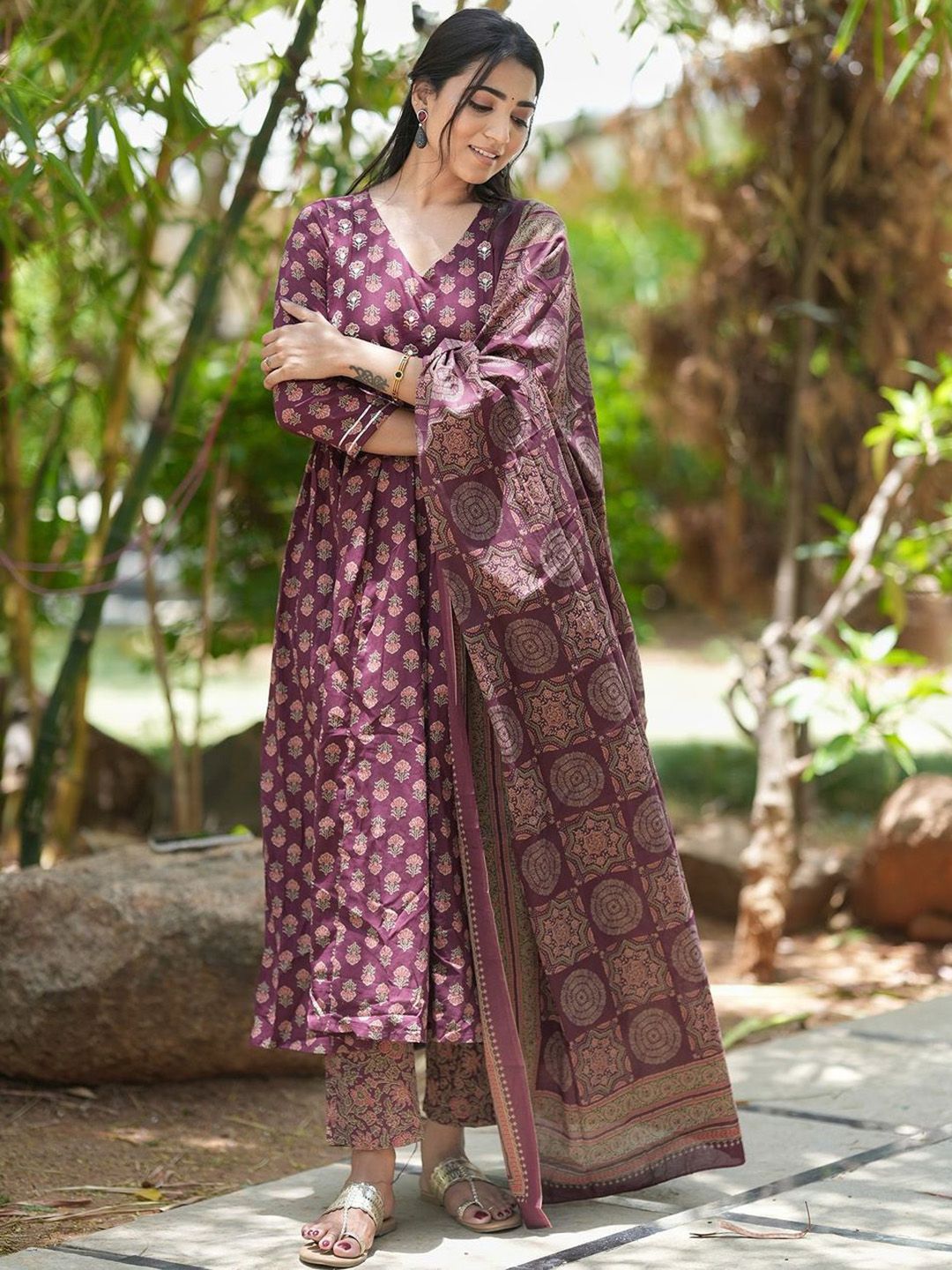 KALINI Floral Printed V-Neck Anarkali Kurta with Trousers & Dupatta