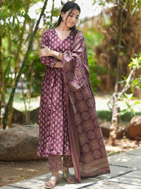 KALINI Floral Printed V-Neck Anarkali Kurta with Trousers & Dupatta