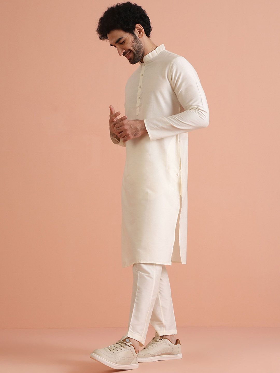 KISAH Men Mandarin Collar Regular Solid Kurta Trouser Set