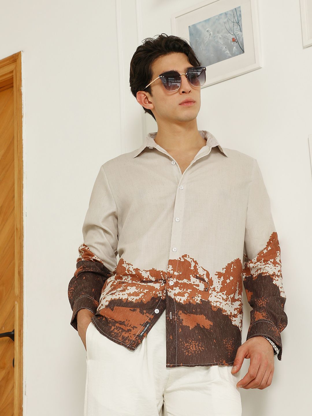 Campus Sutra Comfort Abstract Mountain Printed Spread Collar Casual Shirt