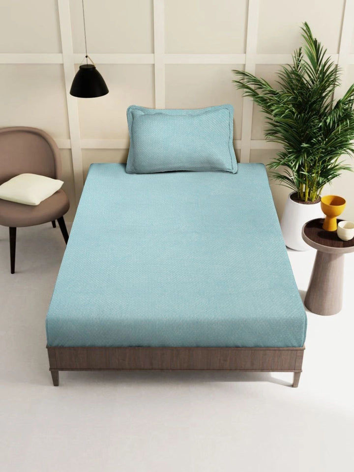 Myntra Elegant Homes Blue Solid Fitted 300 TC Wool Single Bedsheet with 1 Pillow Covers