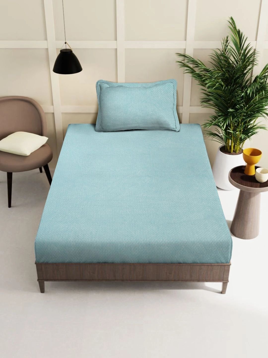 Myntra Elegant Homes Blue Solid Fitted 300 TC Wool Single Bedsheet with 1 Pillow Covers