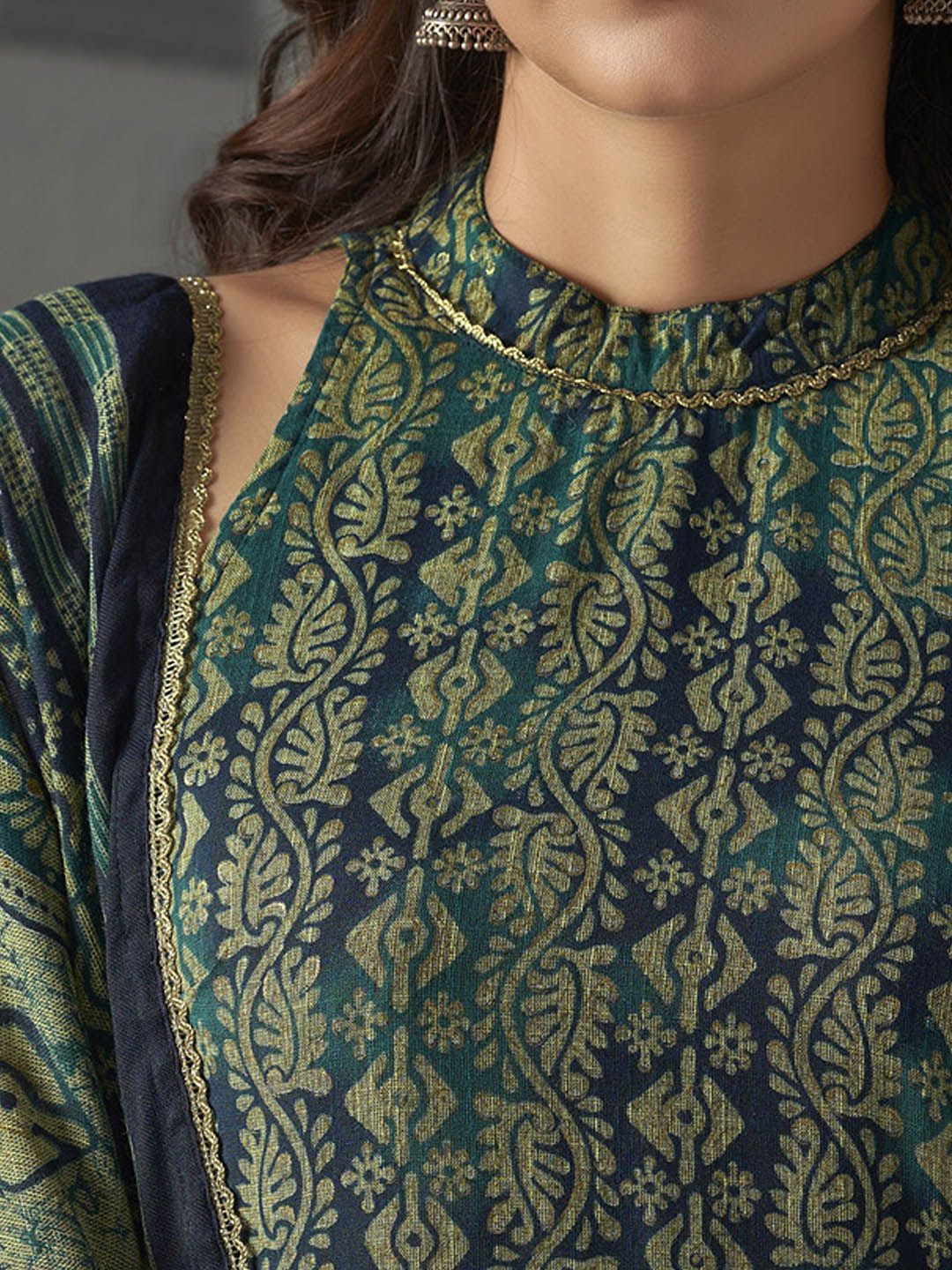 Anouk Blue Floral Printed Halter Neck Straight Kurta with Trousers & Dupatta