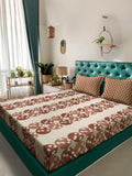 KLOTTHE Brown And White Floral Printed Cotton 400 TC Double Bedsheet Set 2.50 m x 2.20 m