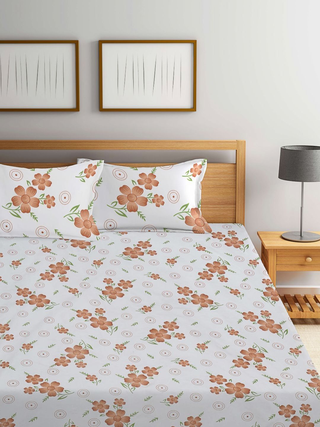 Myntra Elegant Homes White & Brown Floral Printed Dilengkapi 300 TC King Bedsheet dengan 2 Sarung Bantal