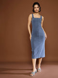 Sassafras Wanita Denim Bodycon Midi Dress