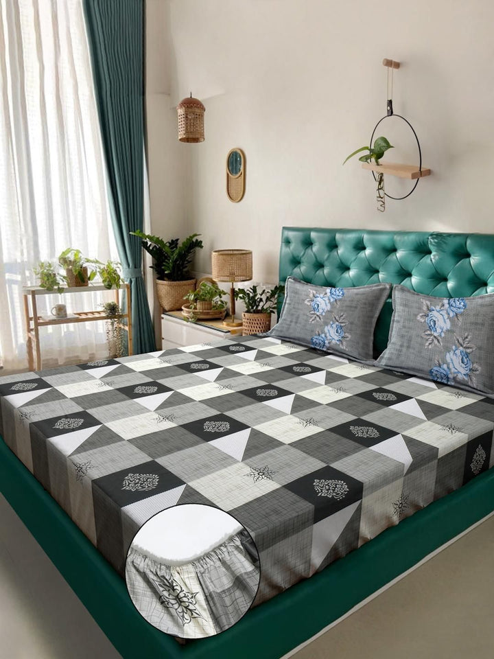 KLOTTHE Grey Geometric Printed Fitted 400TC Cotton Super King Bedsheet & 2 Pillow Covers