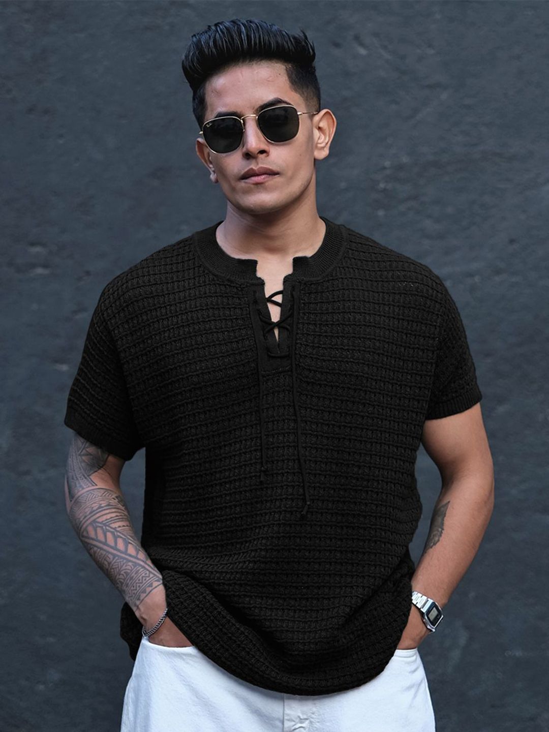 Powerlook Men Self Design Henley Neck T-Shirt