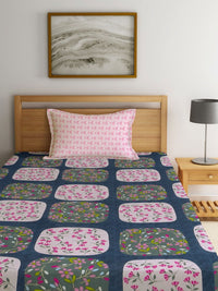 Aura Blue & Pink Floral Printed Flat 300TC Single Bedsheet With Pillow Cover