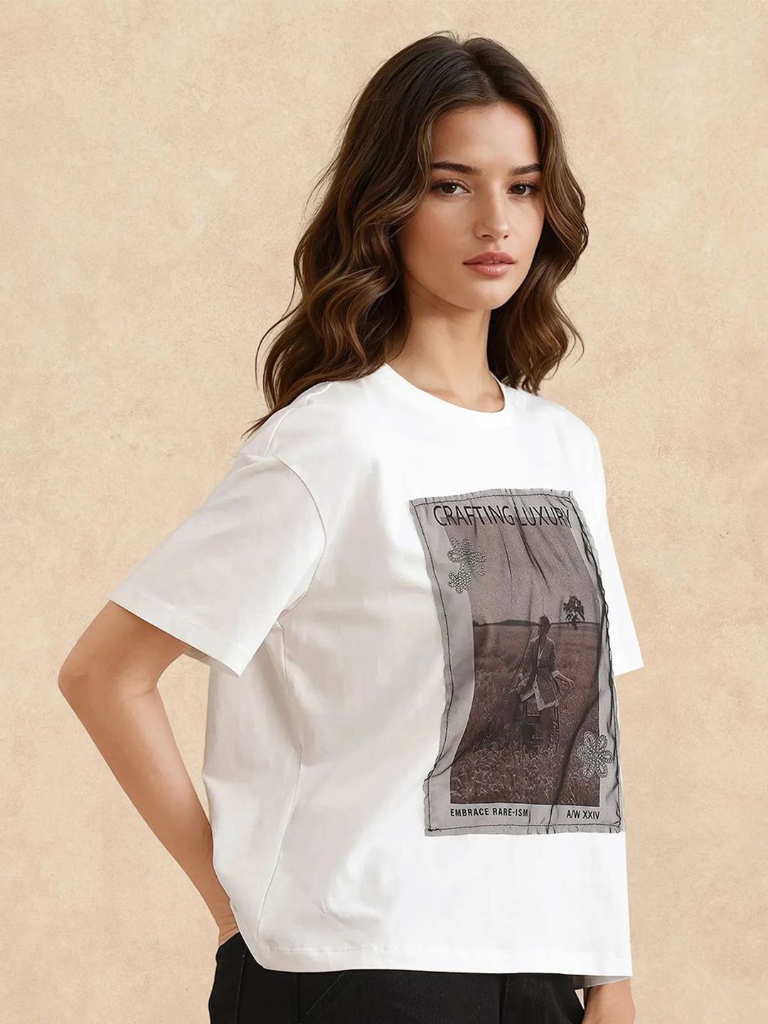 Rareism Wanita Grafik Bercetak Kapas Leher Pusingan T-shirt Santai