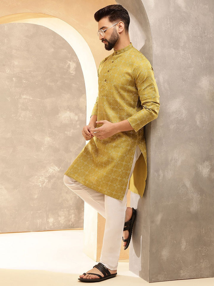 Anouk Olive Green Floral Printed Mandarin Collar Straight Kurta With Pajamas