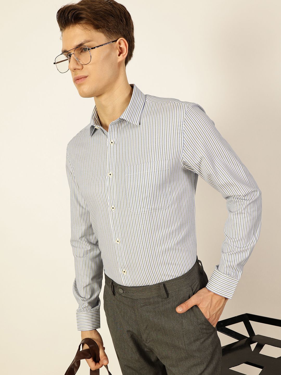 Thomas Scott Men Smart Spread Collar Pinstripes Striped Cotton Formal Shirt