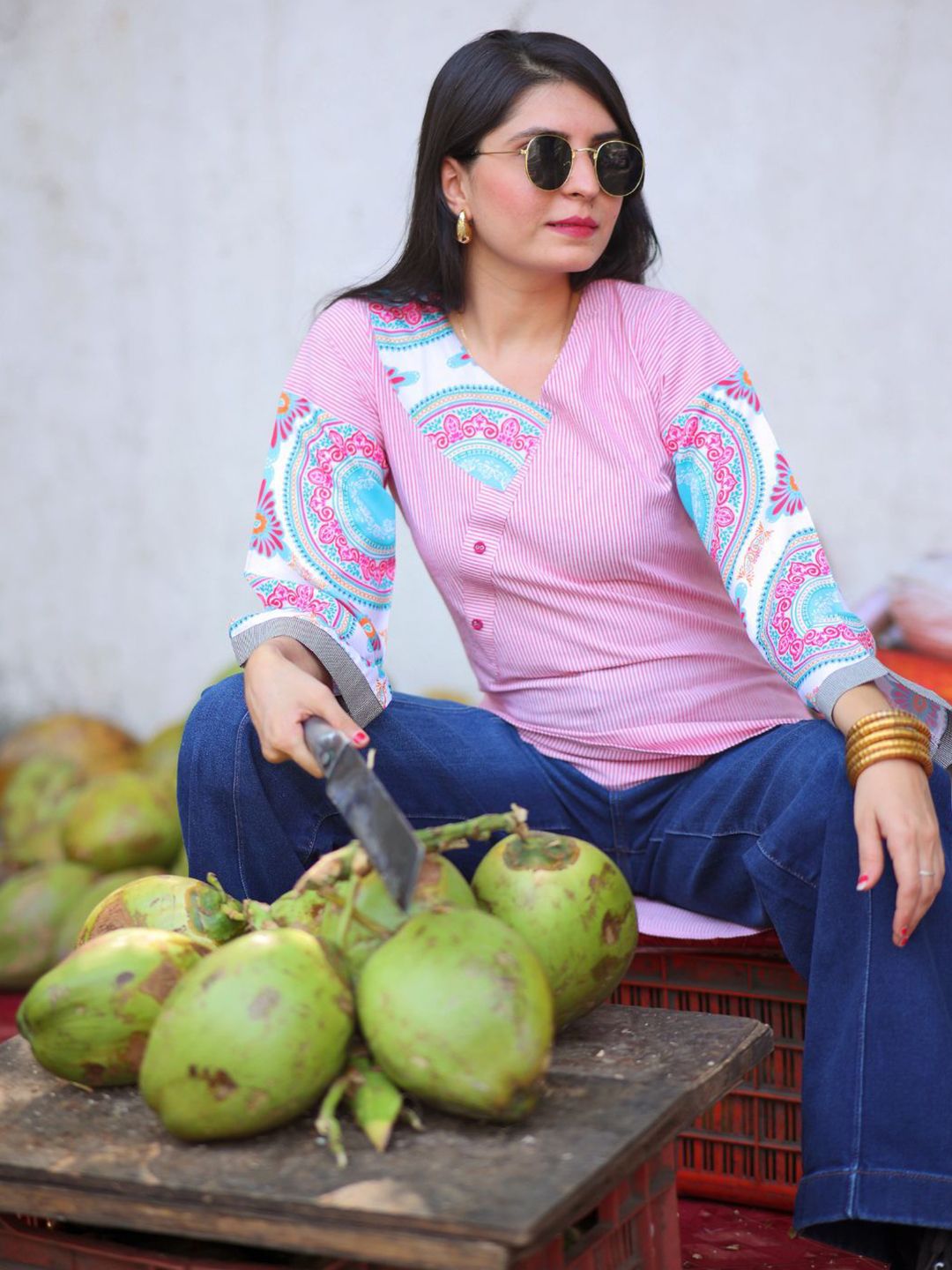KALINI Striped V-Neck Kurti