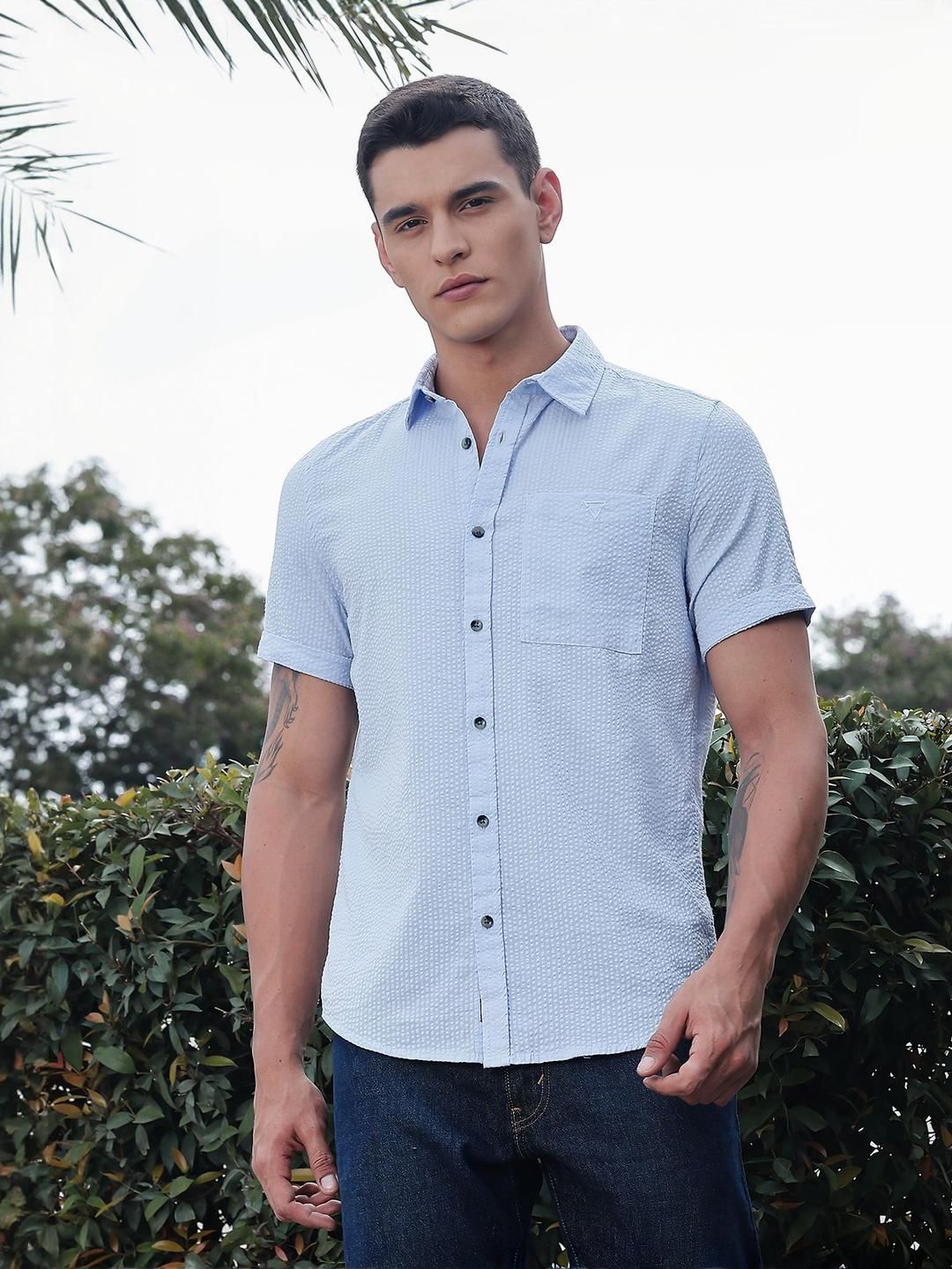 Thomas Scott Men Classic Slim Fit Seersucker Casual Shirt