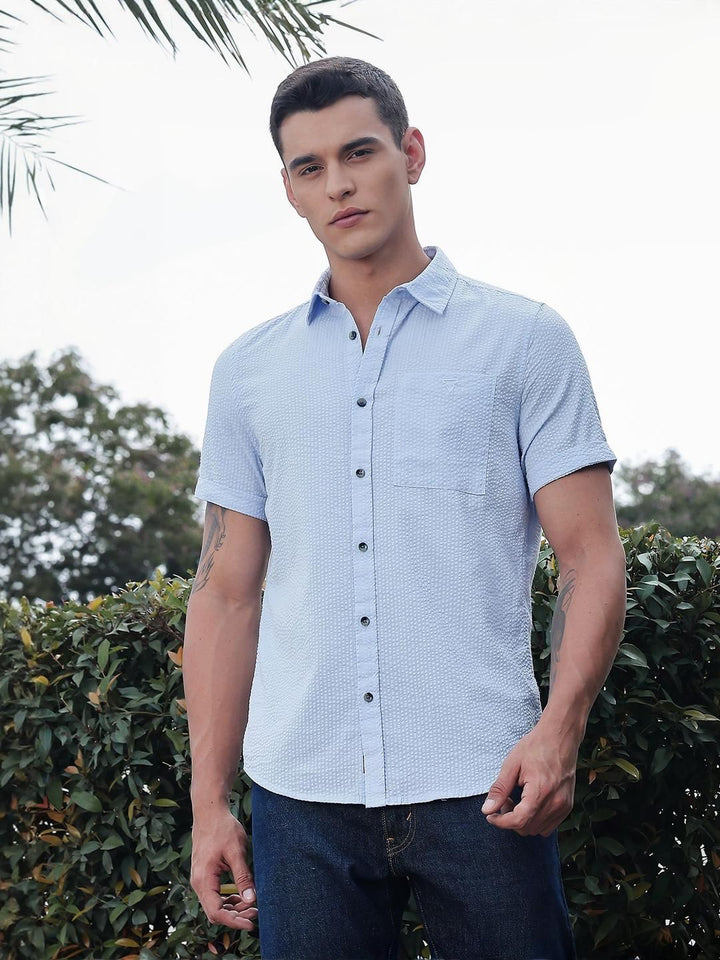 Thomas Scott Men Classic Slim Fit Seersucker Casual Shirt