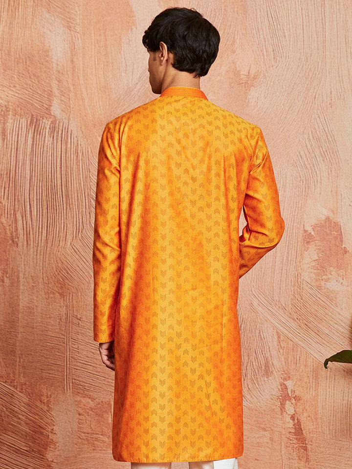 VASTRAMAY Geometric Woven Design Mandarin Collar Jacquard Silk Straight Kurta