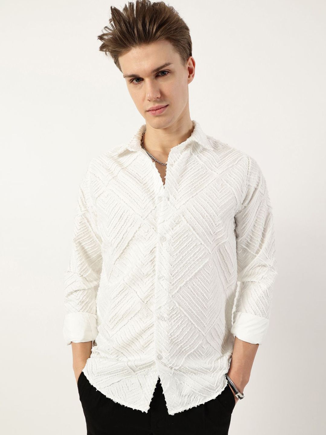 Thomas Scott Men Premium Spread Collar Textured Solid Slim Fit Casual Shirt