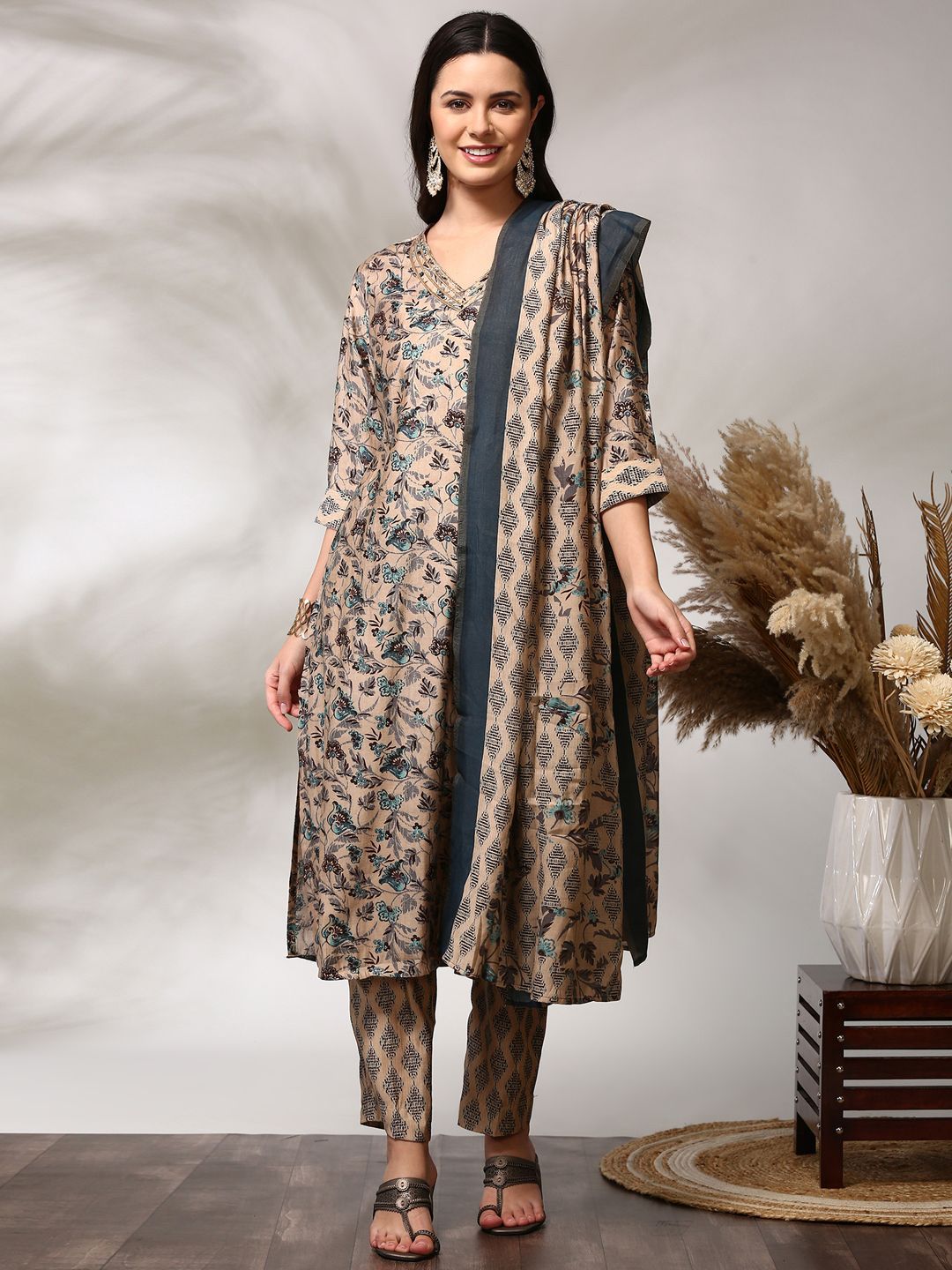 Anouk Floral Printed Regular Straight Kurta with Trousers & Dupatta
