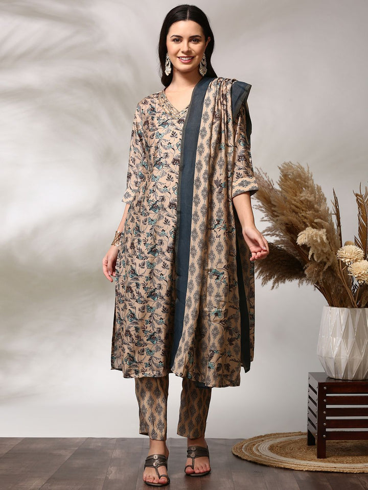 Anouk Floral Printed Regular Straight Kurta with Trousers & Dupatta
