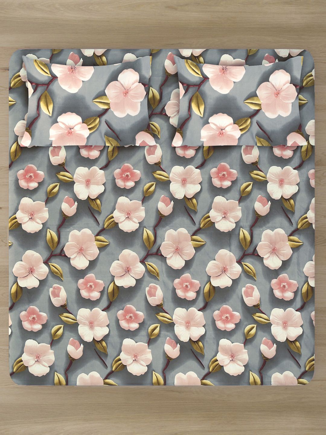 KLOTTHE Grey Floral Fitted 300TC King Superfine 7D Cadar & 2 Sarung Bantal-2.50mx2.25m