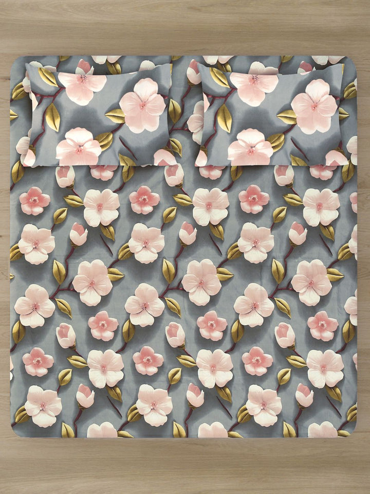 KLOTTHE Grey Floral Fitted 300TC King Superfine 7D Cadar & 2 Sarung Bantal-2.50mx2.25m