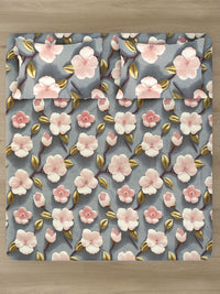 KLOTTHE Grey Floral Fitted 300TC King Superfine 7D Cadar & 2 Sarung Bantal-2.50mx2.25m
