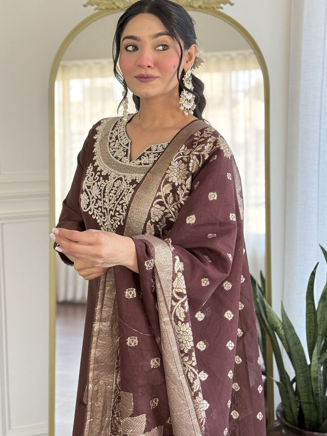 KALINI Yoke Design Sequunied Notch Neck Pure Silk Straight Kurta With Trousers & Dupatta