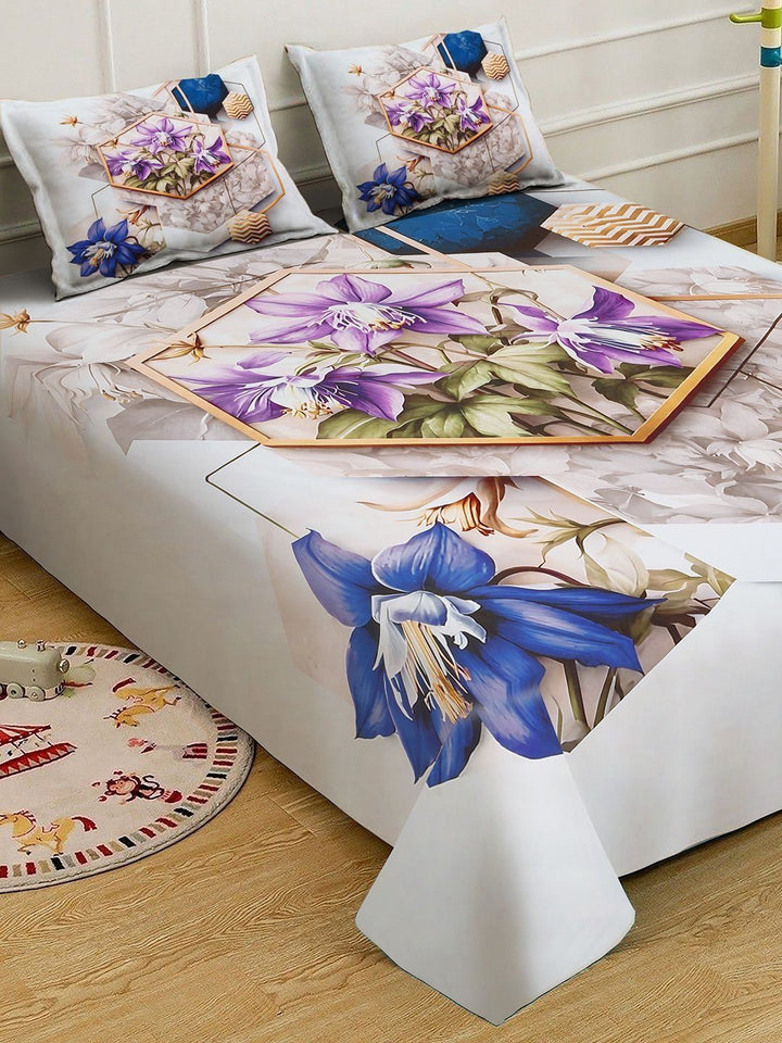 KLOTTHE White & Blue Floral Printed Fitted 300 TC King Bedsheet With 2 Pillow Cover