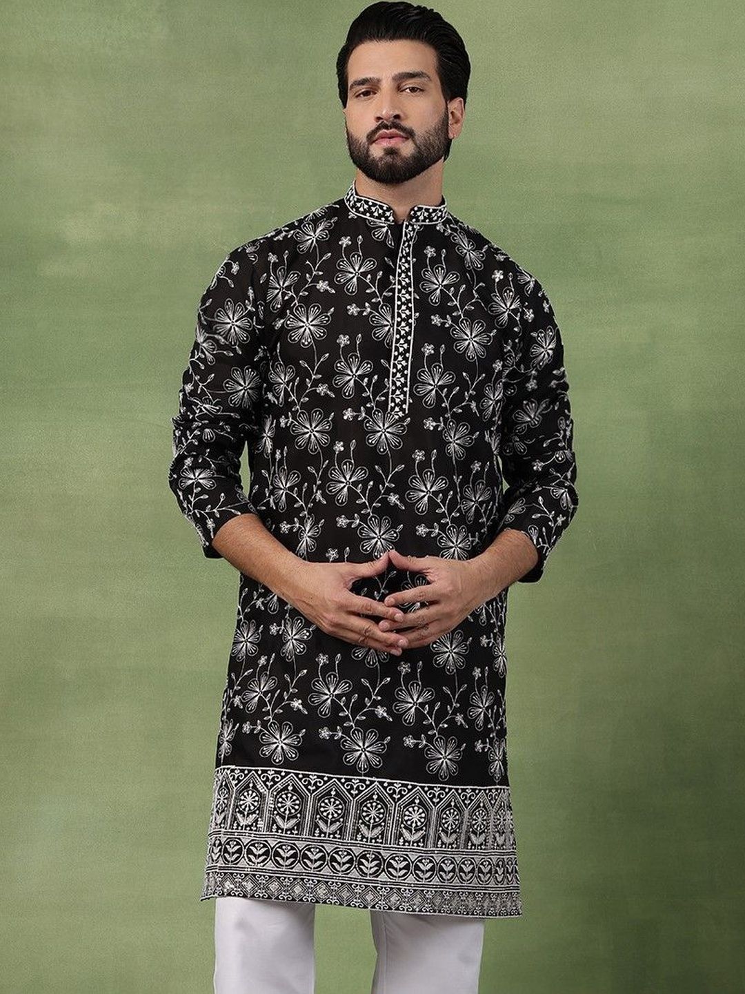 SOJANYA Kurta Kerja Benang Sulam Bunga Lelaki