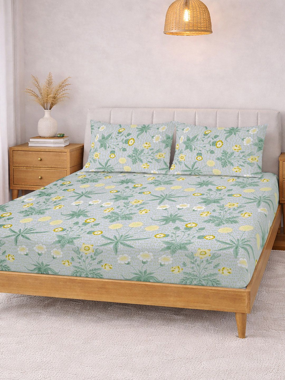 KLOTTHE Hijau & Putih Bercetak 300 TC Cadar Katil Double Dengan 2 Sarung Bantal- 2.5 m x 2.25 m