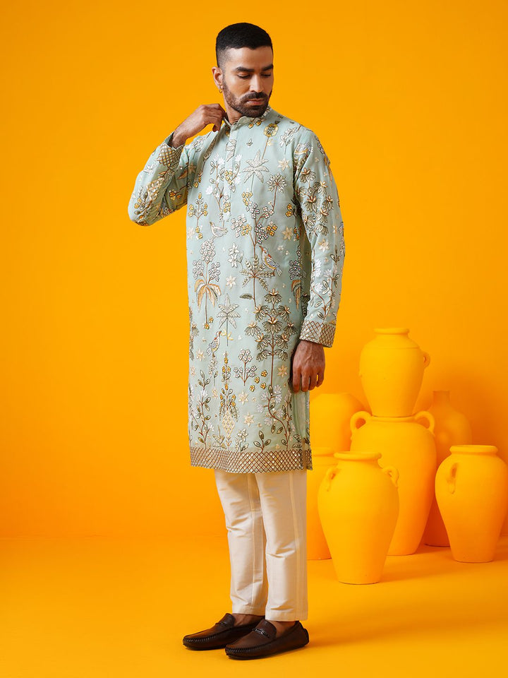 SOJANYA LUXE Kolar Mandarin Sulam Bunga Georgette Kurta Lurus Dengan Seluar