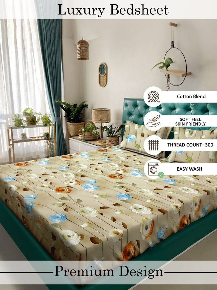 Myntra Elegant Homes Beige & Blue Floral 300 TC Cadar Katil King dengan 2 Sarung Bantal