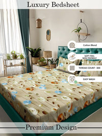 Myntra Elegant Homes Beige & Blue Floral 300 TC Cadar Katil King dengan 2 Sarung Bantal