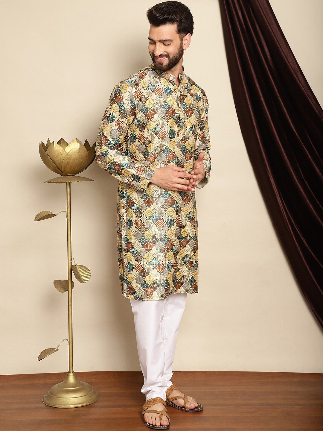 Anouk Ethnic Motifs Printed Mandarin Collar Kurta With Churidar