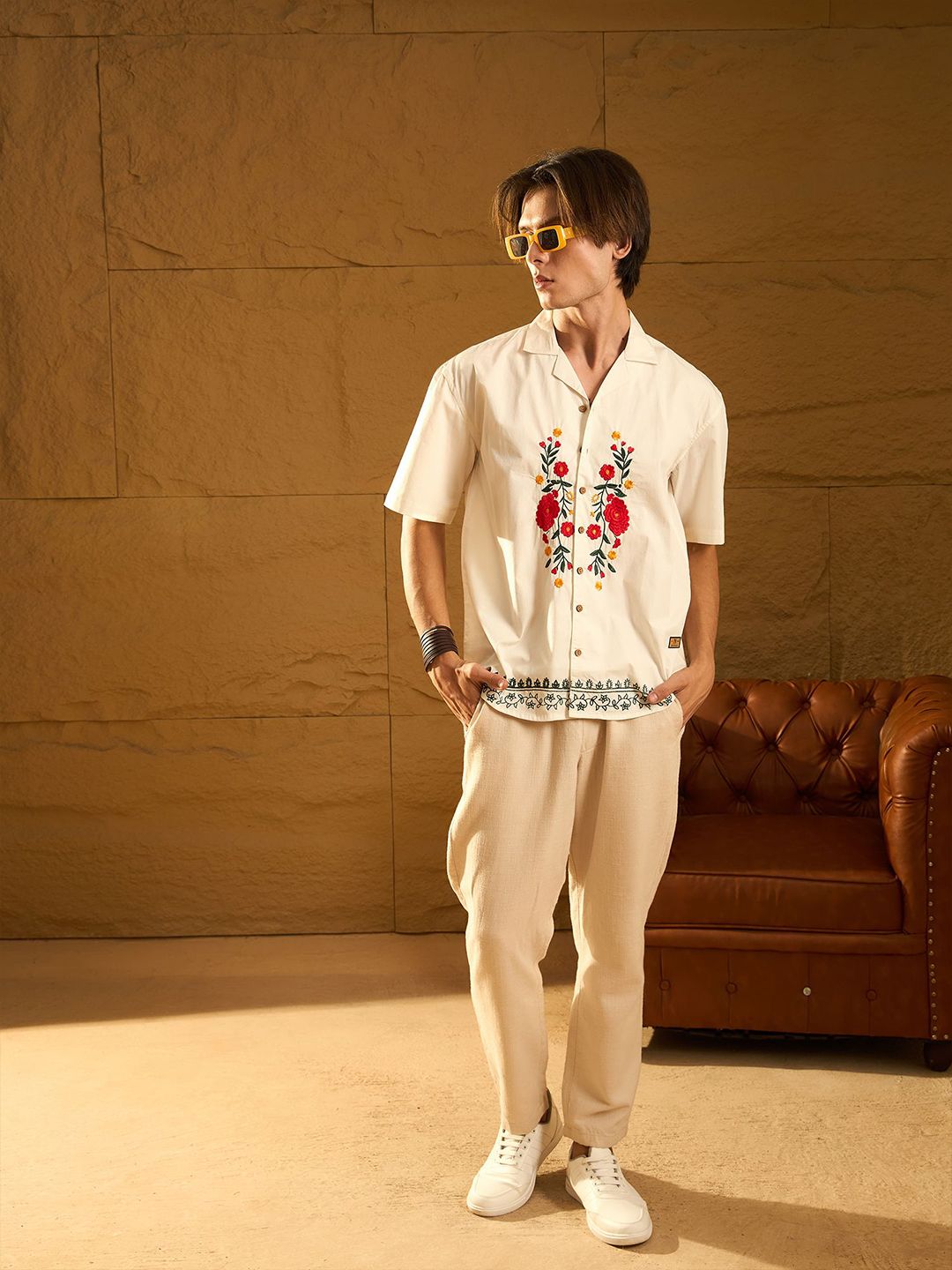 DENNISON Floral Embroidery Oversized Casual Shirt