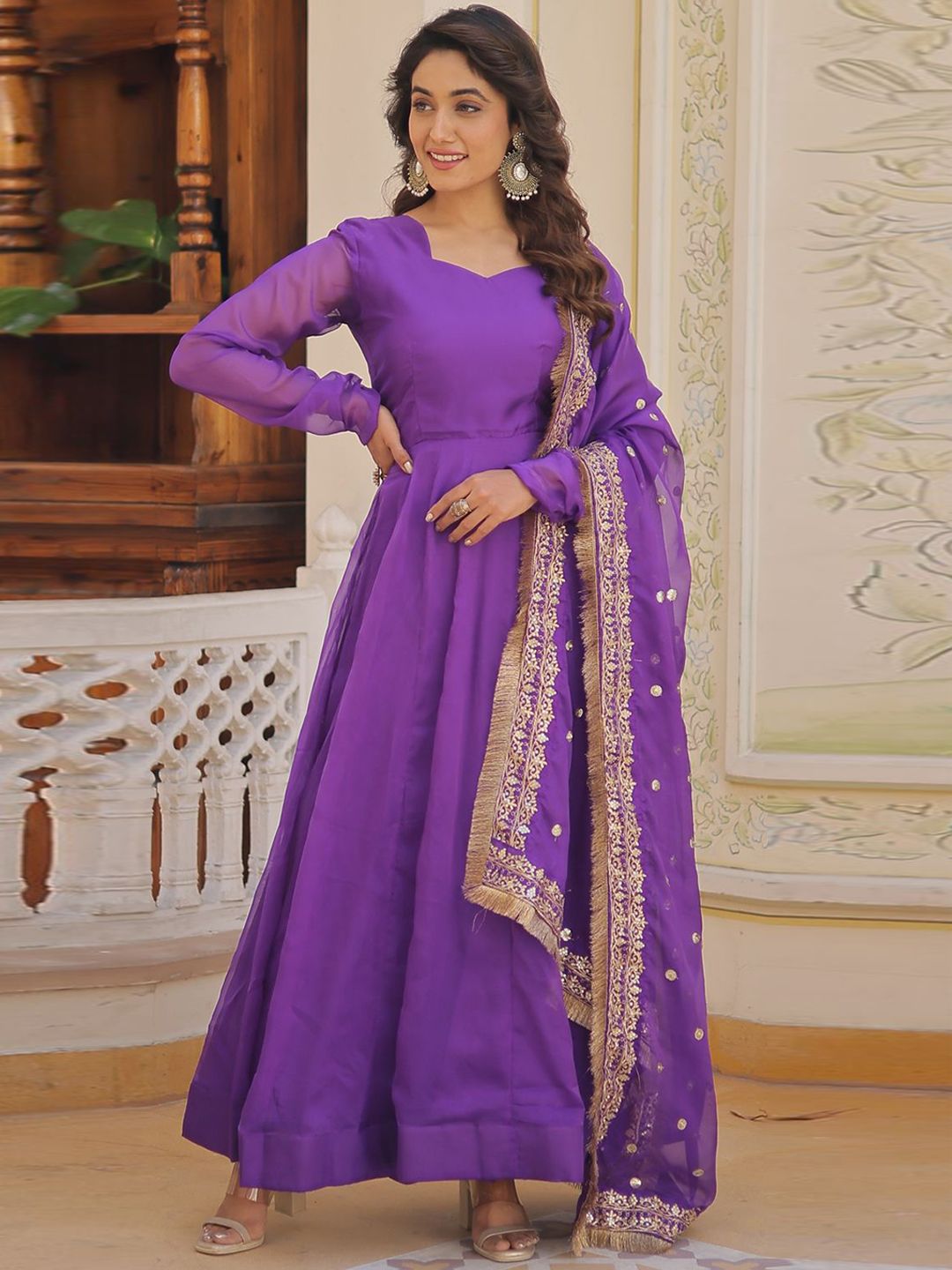 KALINI Sweetheart Neck Georgette Anarkali Kurta With Dupatta