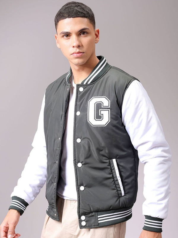 The Indian Garage Co Men Stand Collar Typography Printed Casual Varsity Jacket