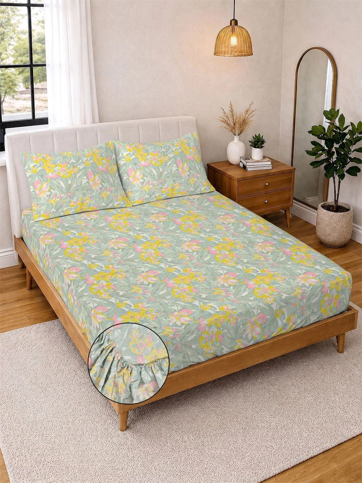 Myntra Elegant Homes Green & Pink Floral 300 TC King Bedsheet with 2 Pillow Covers