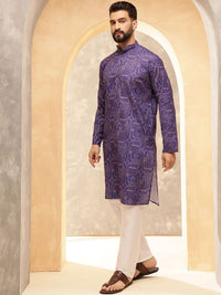 SOJANYA Motif Etnik Printed Band Collar Cotton Linen Kurta Lurus