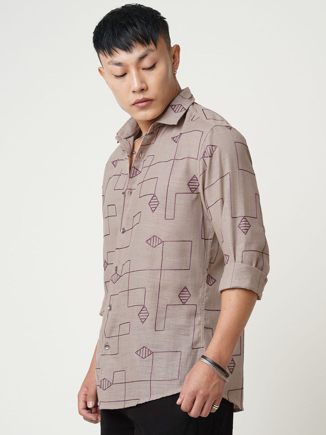VASTRADO Men Classic Diamond Maze Embroidered Slim Fit Casual Shirt