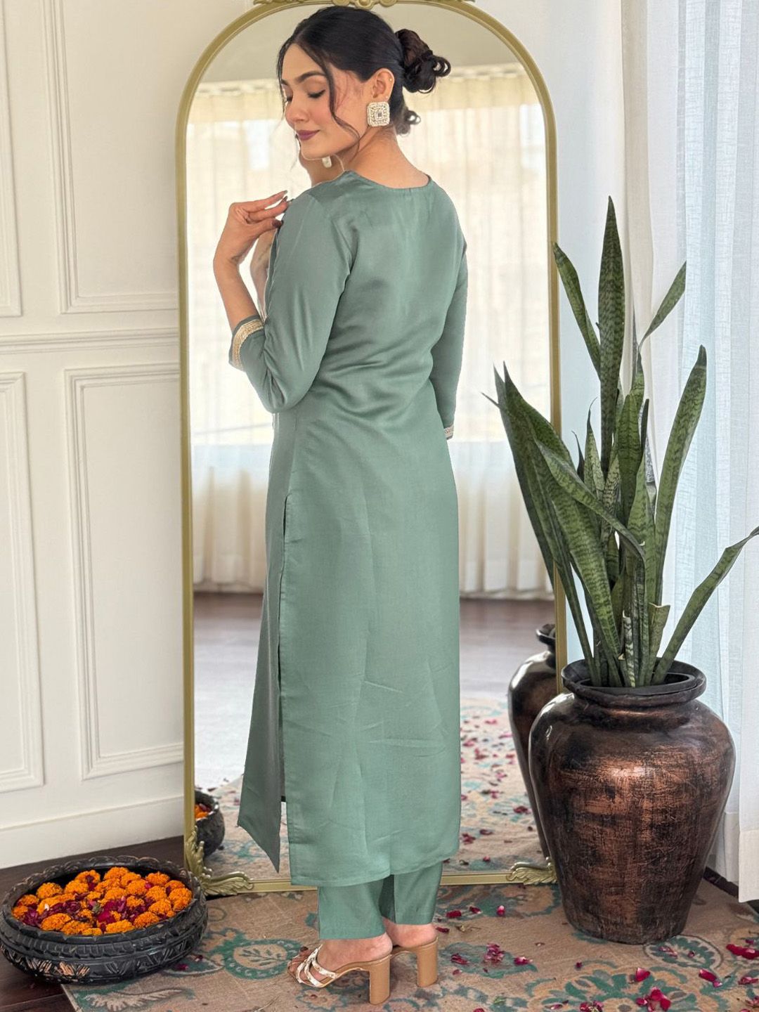 KALINI Yoke Design V-Neck Straight Kurta With Trousers And Dupatta