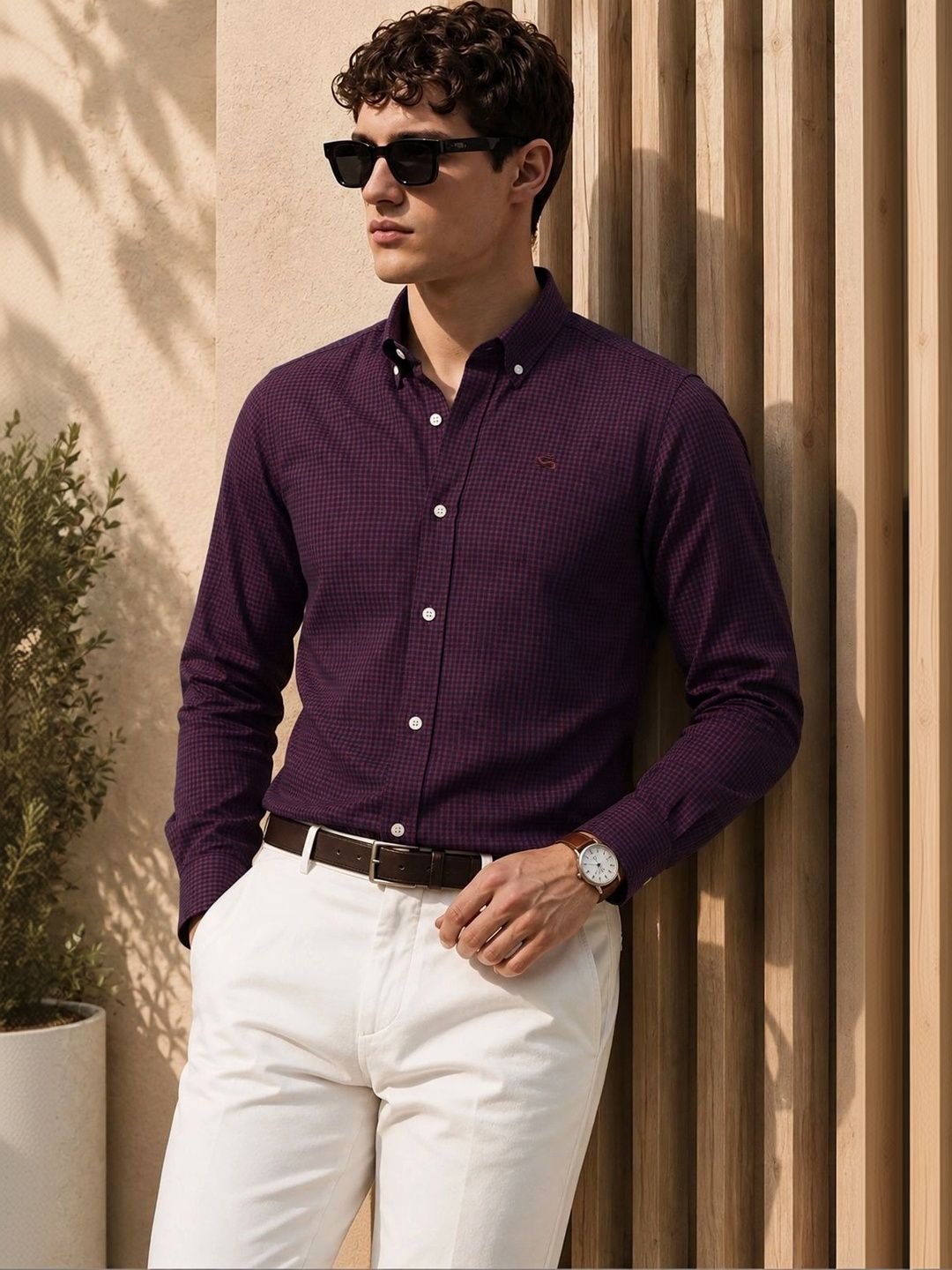 ADRO Men Maroon & Navy Mini Checked Regular Fit Casual Cotton Shirt