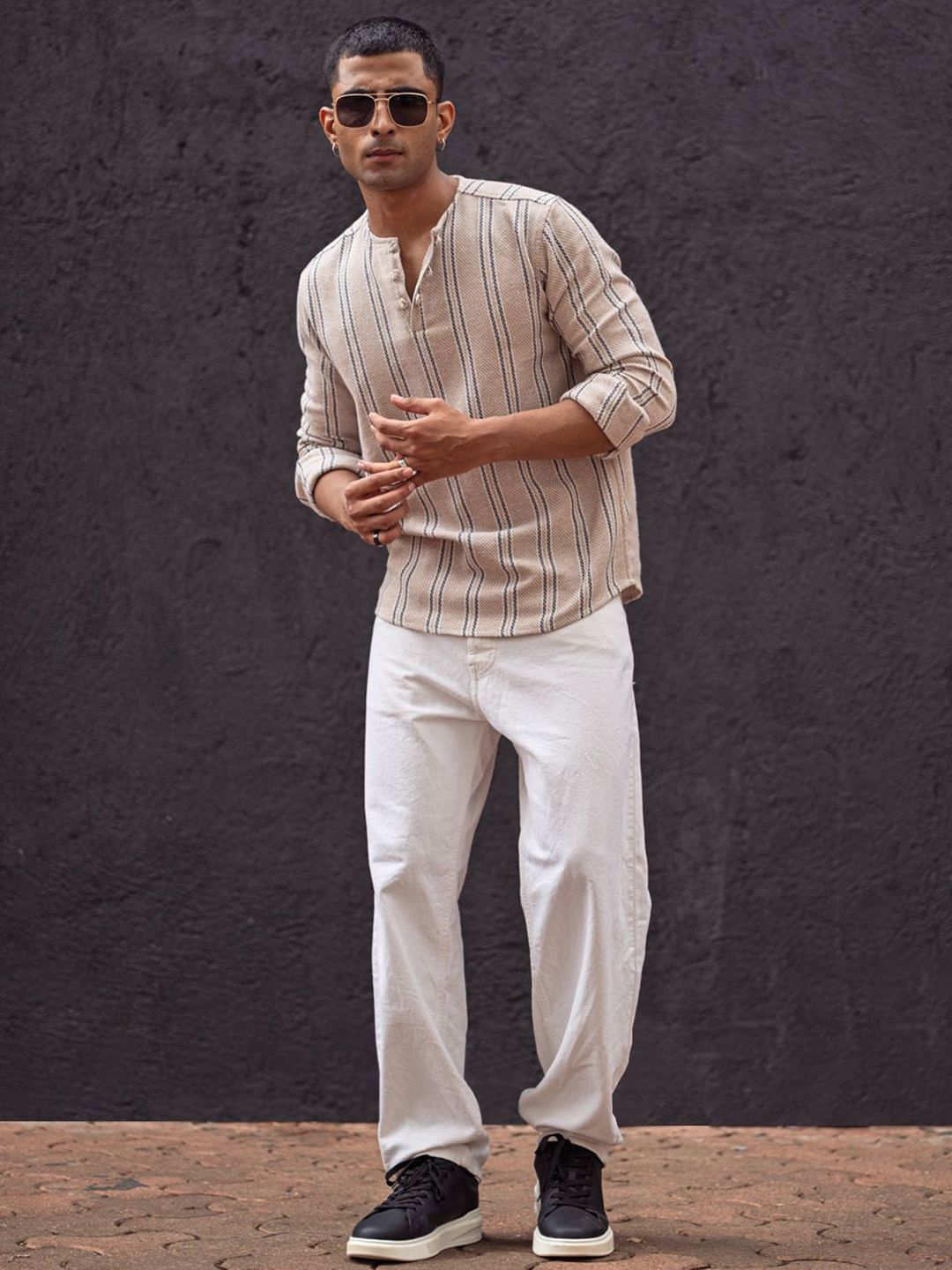 Powerlook Men Collarless Vertical Striped Cotton Casual Shirt