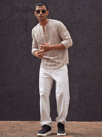 Powerlook Men Collarless Vertical Striped Cotton Casual Shirt