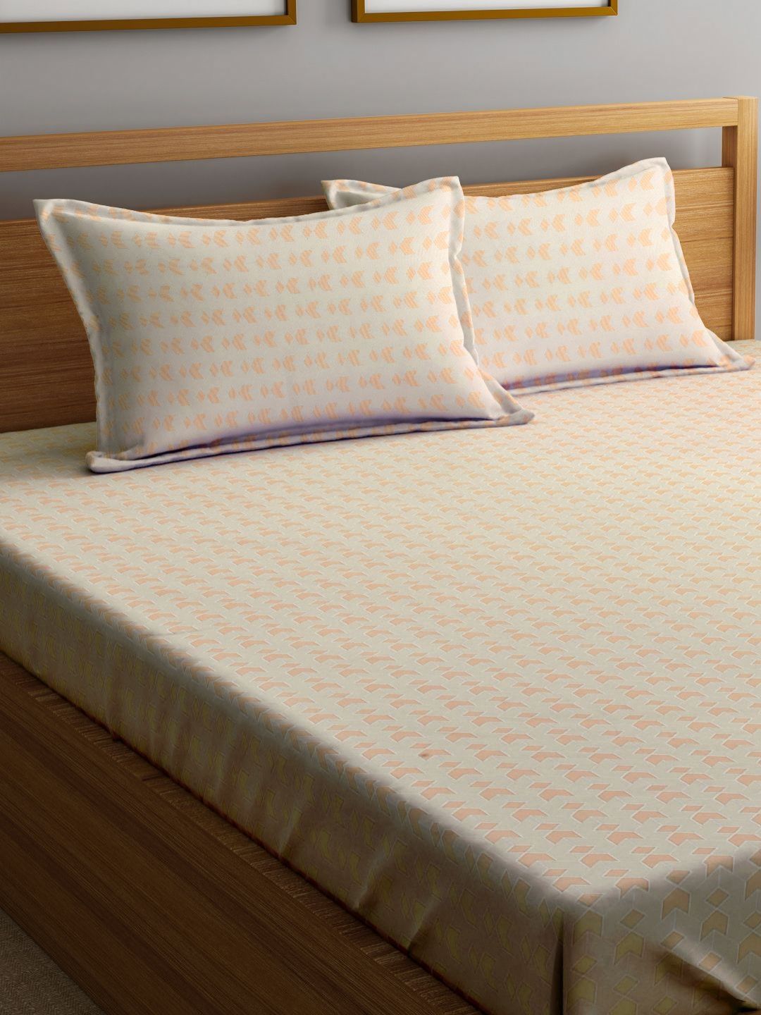 Myntra Elegant Homes Orange & Beige Printed 300 TC King Bedsheet  Set 2.50 m x 2.20m