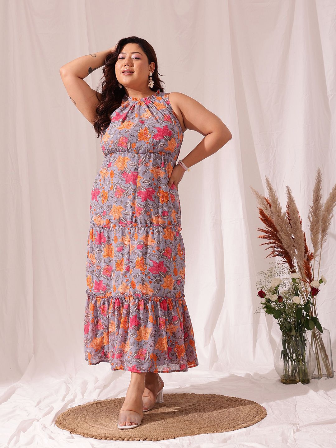 CURVY STREET Floral Printed Georgette Tiered Maxi Dress