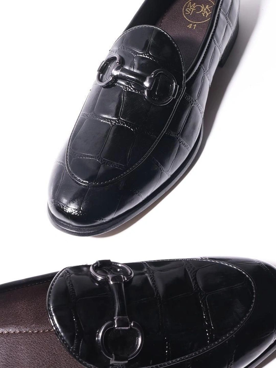 MONKSTORY Black Horsebit Smart Croc-Effect Slip-Os