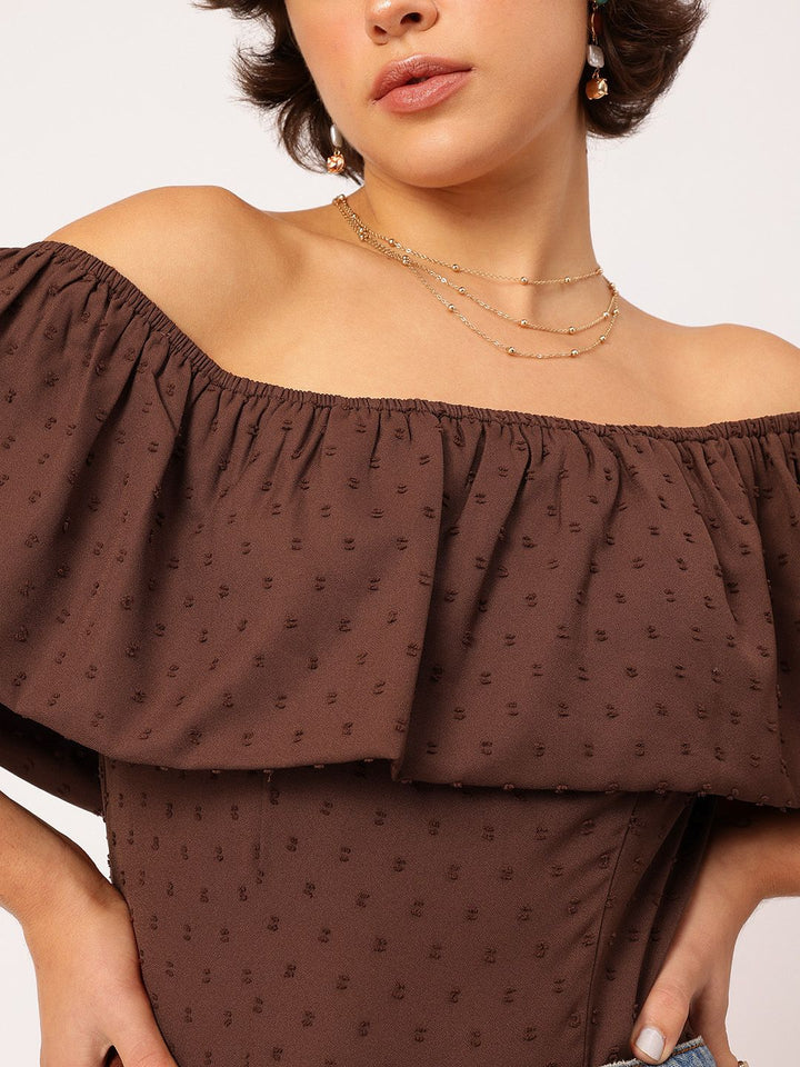 DressBerry Dobby Dreams Ruffled Bardot Crop Top